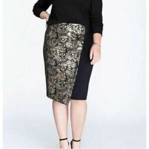 NWT Lane Bryant Womens Black Gold Metallic Jacquard Knit Wrap Skirt Plus Size 16